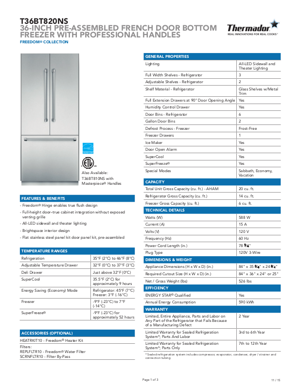 Thermador T36BT820NS Specification Sheet