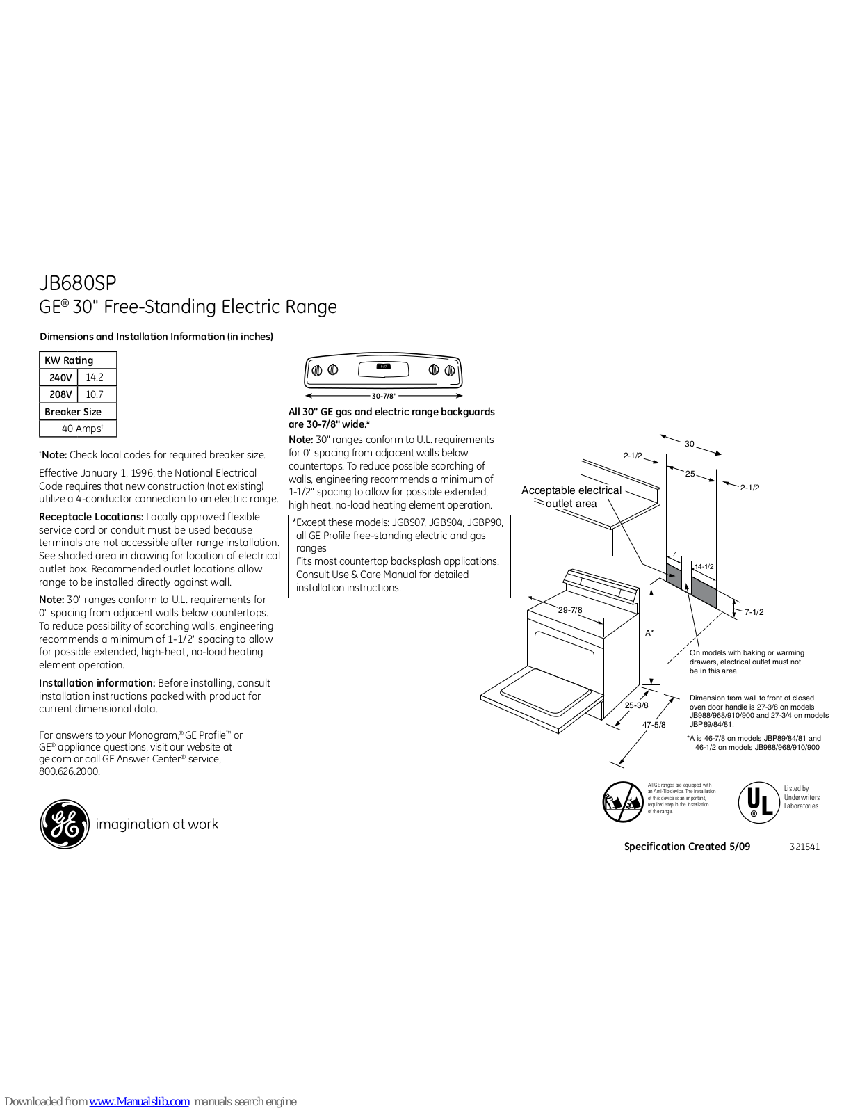 GE JB680SPSS, JB680SP Dimensions And Installation Information