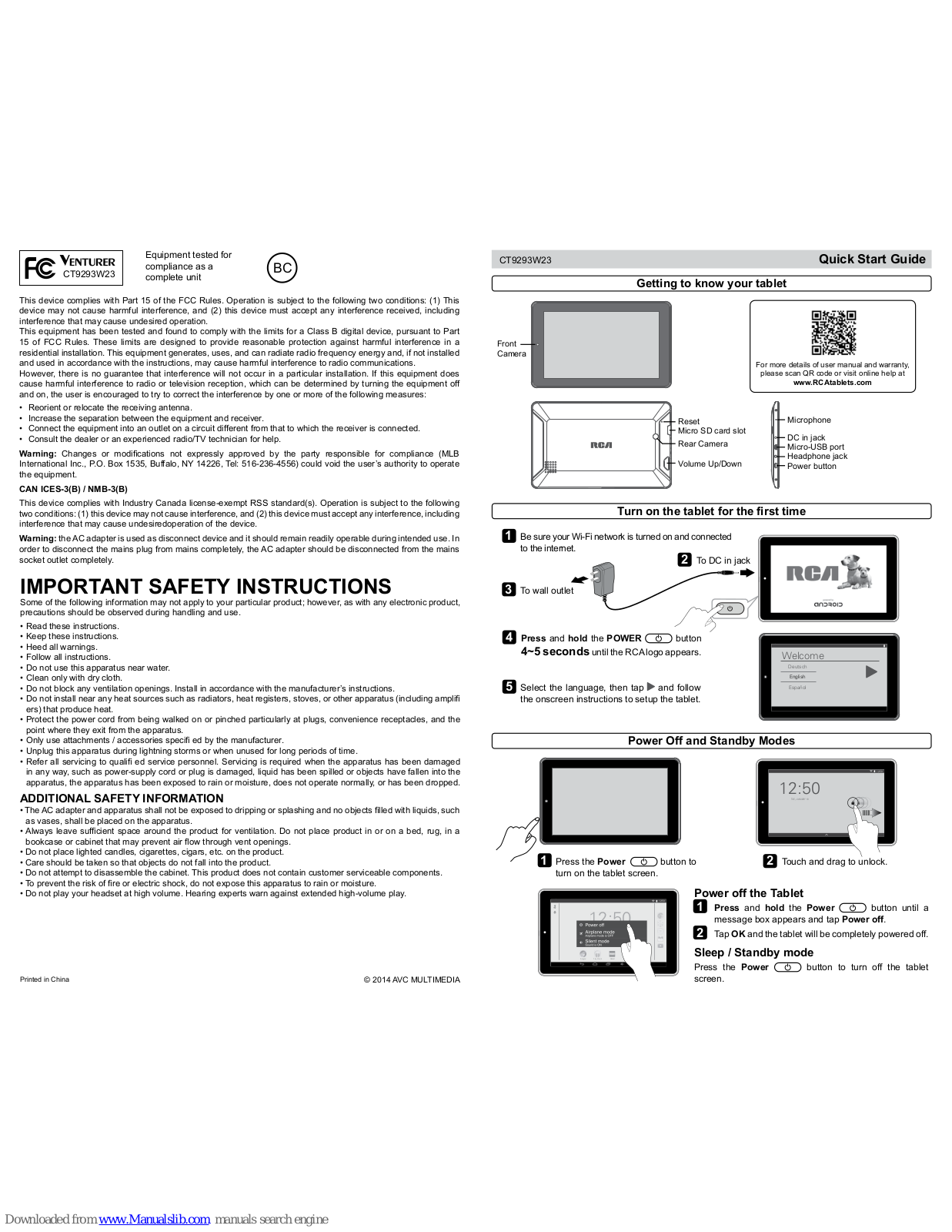 RCA CT9293W23, RCT6293W23 Quick Start Manual