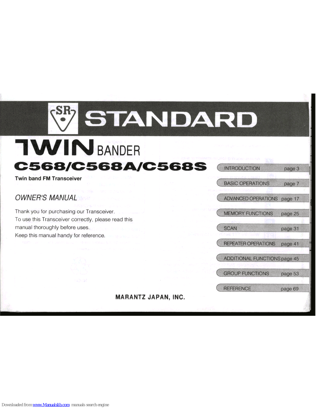 Standard TWIN C568, TWIN C568S, TWIN C568A Owner's Manual