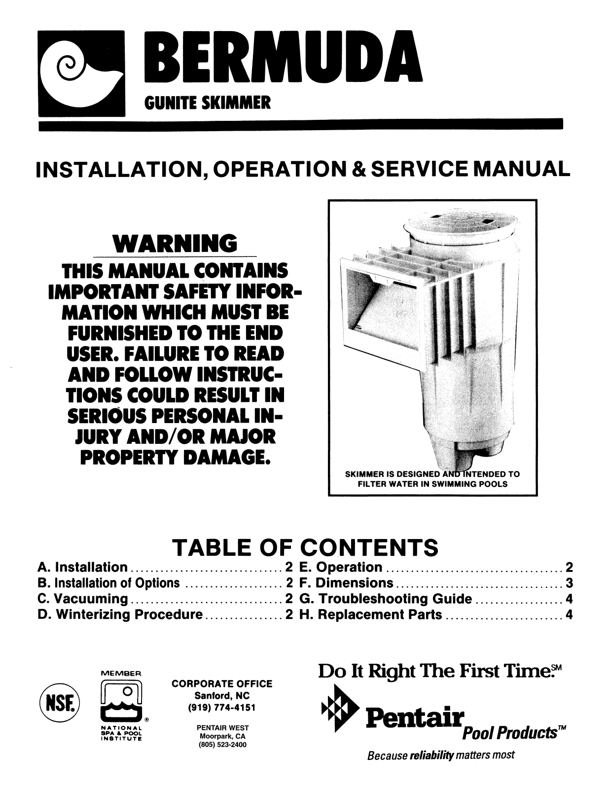 Pentair Bermuda installation Guide