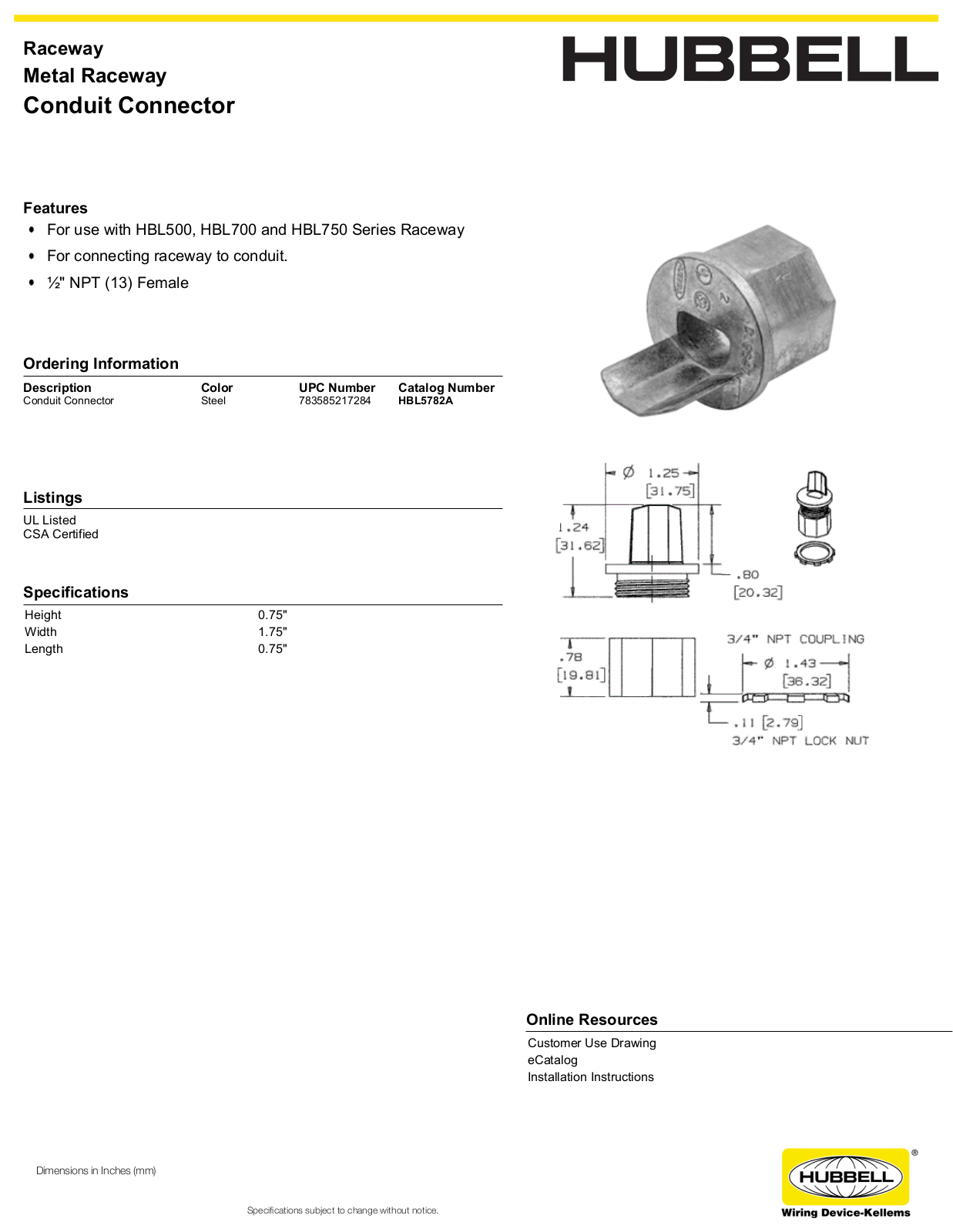 Hubbell HBL5782A Specifications