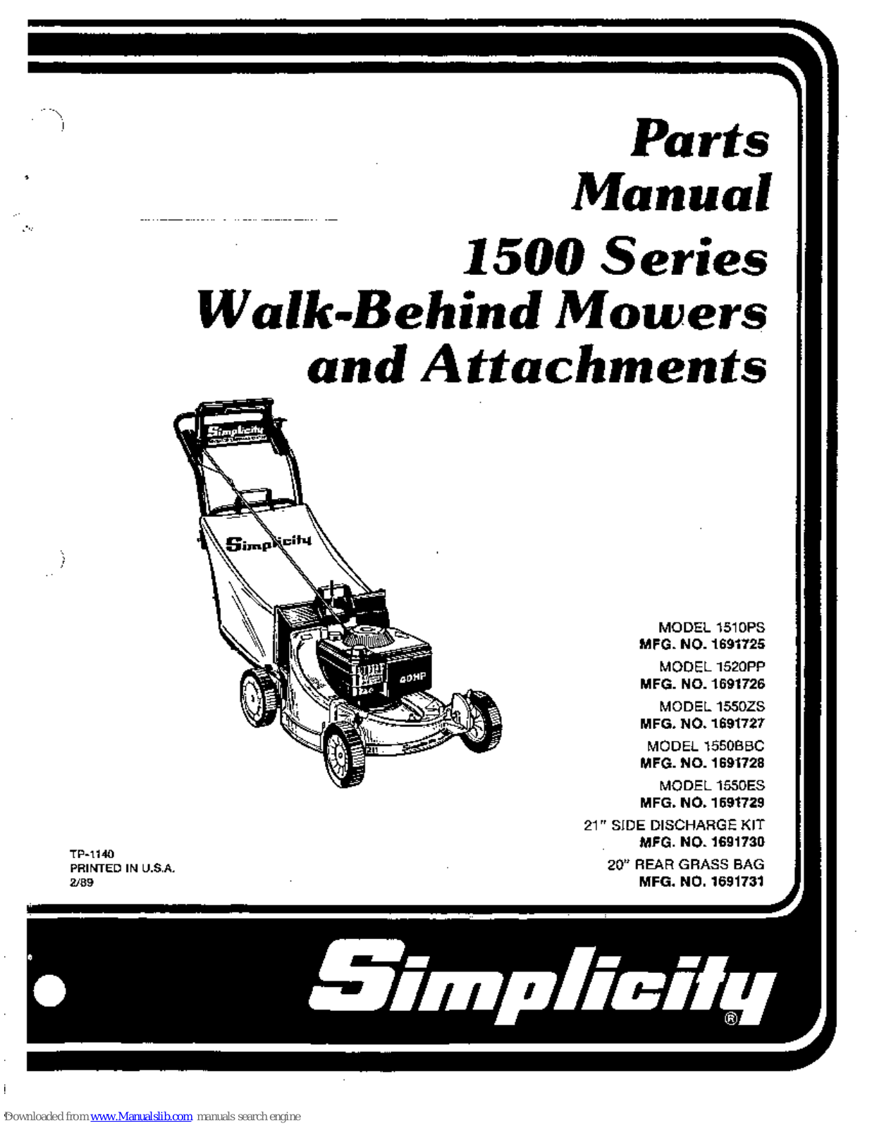 Simplicity 1500 Series Parts Manual