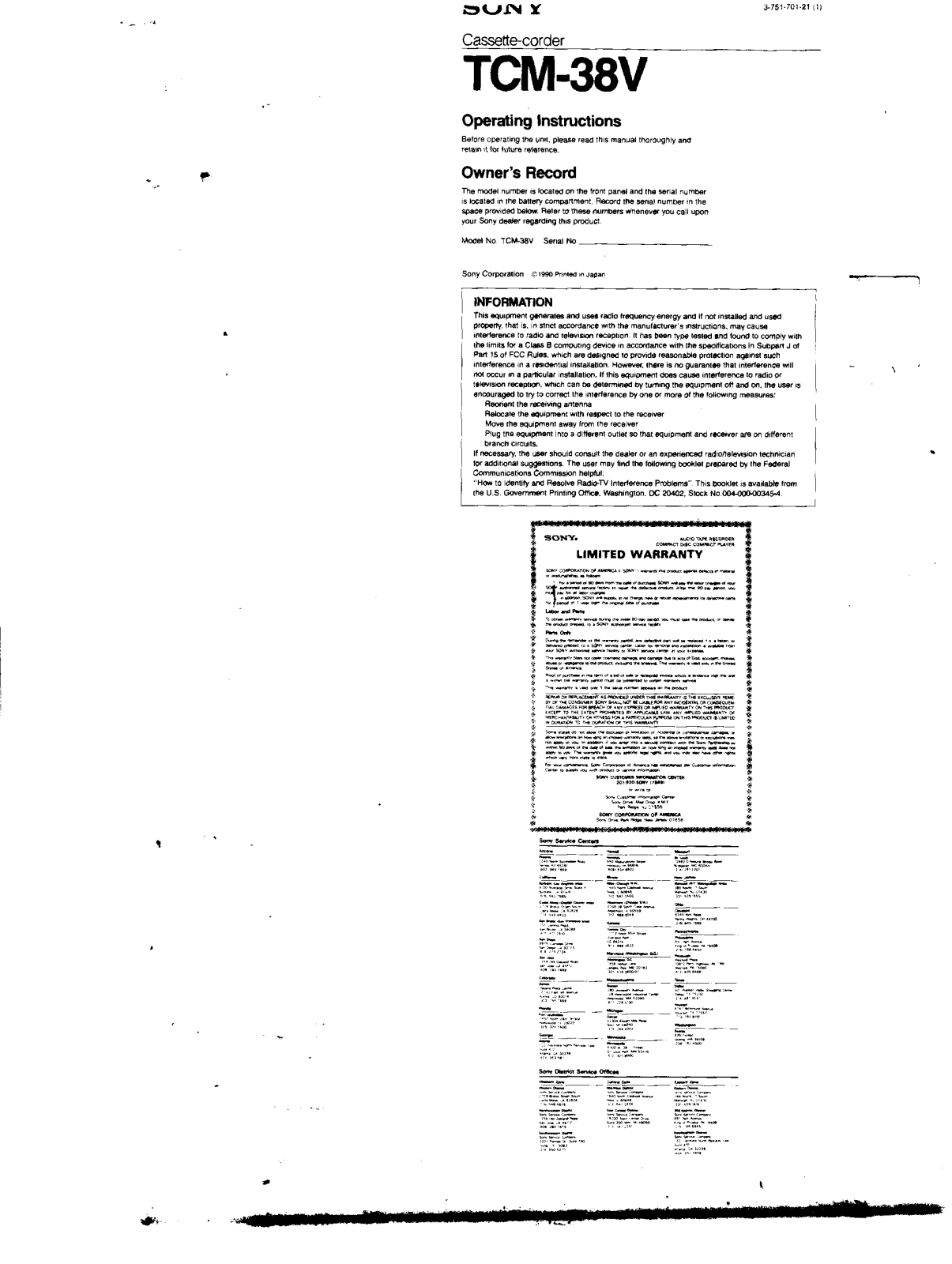 Sony TC-M38V User Manual