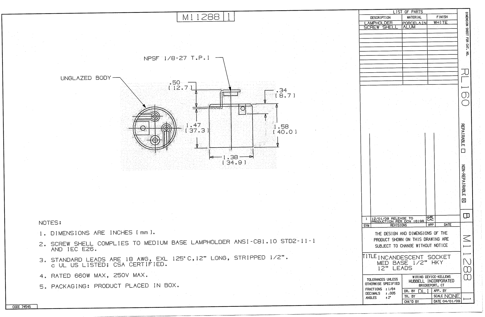 Hubbell RL160 Reference Drawing