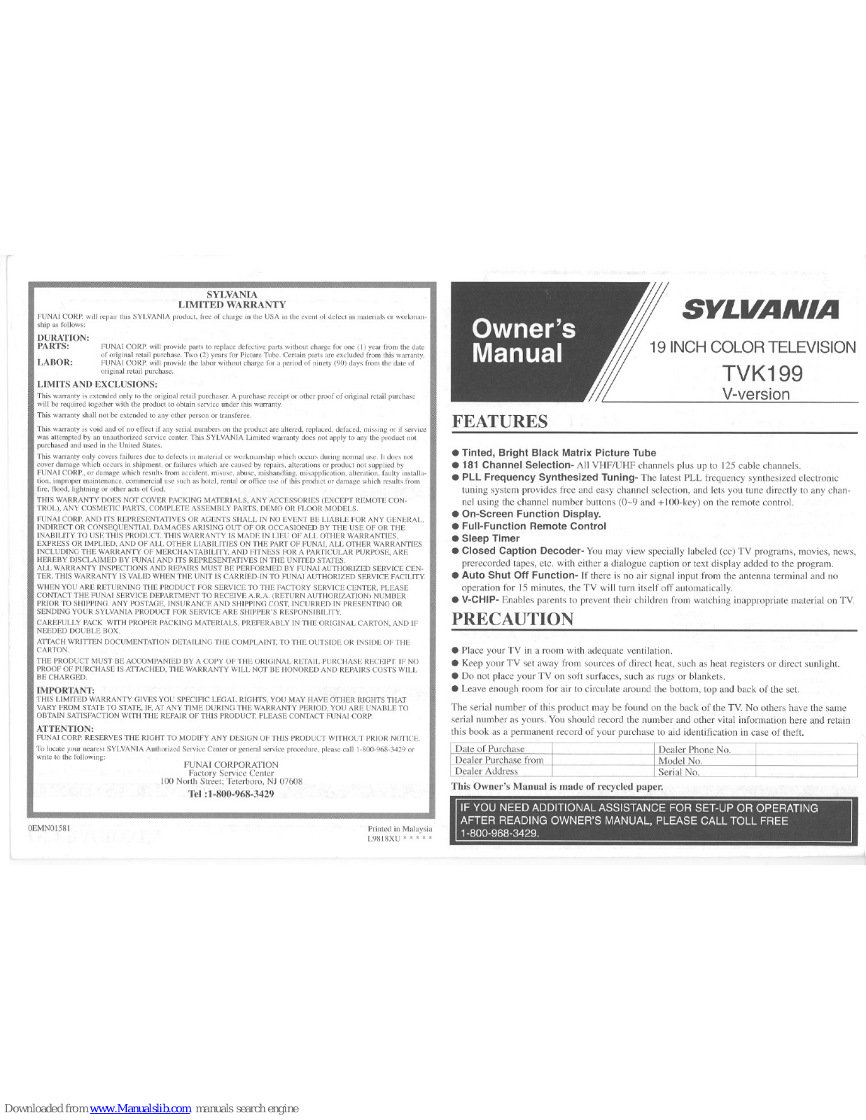 Sylvania TVK199 Owner's Manual