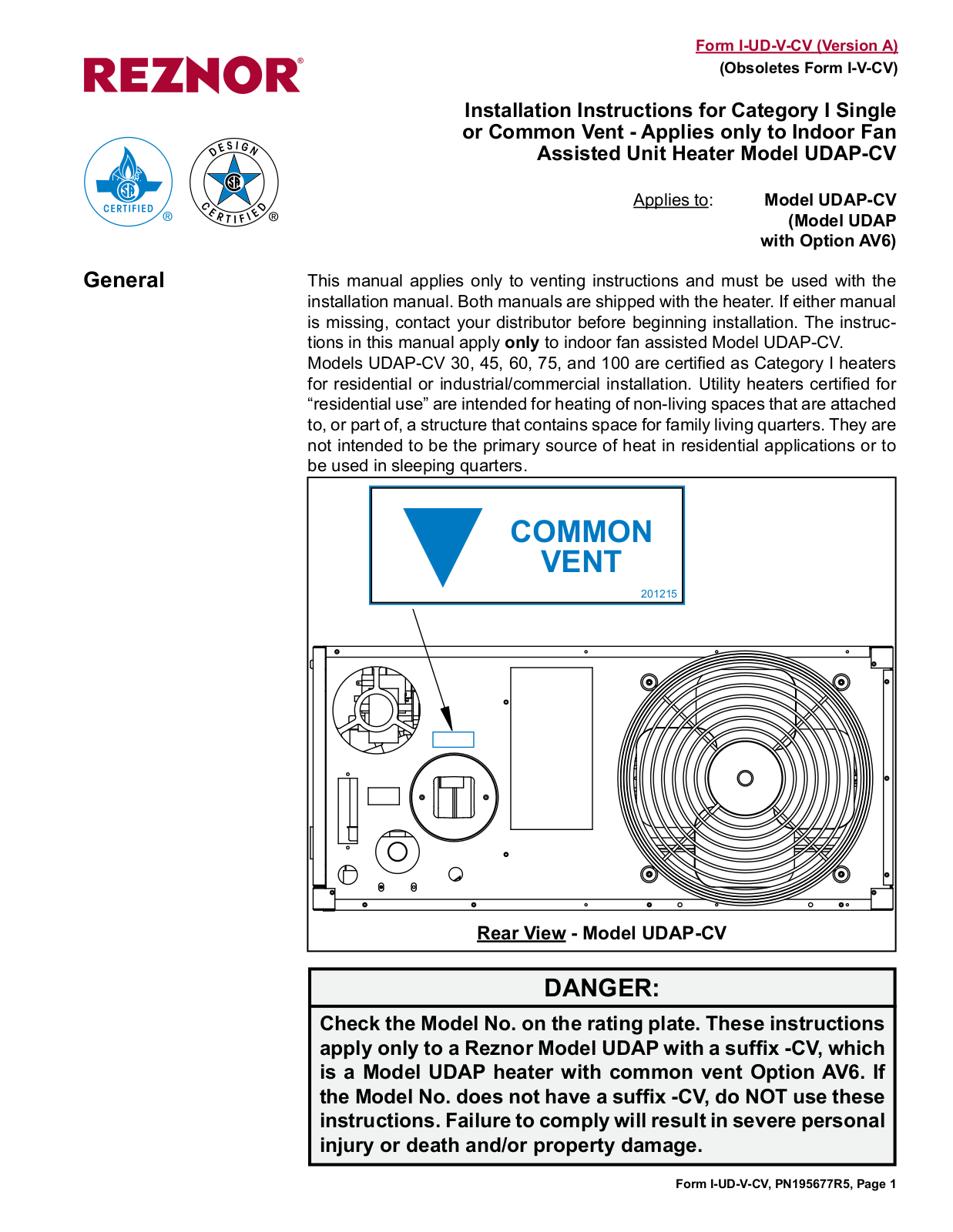 Reznor UDAP-CV User Manual