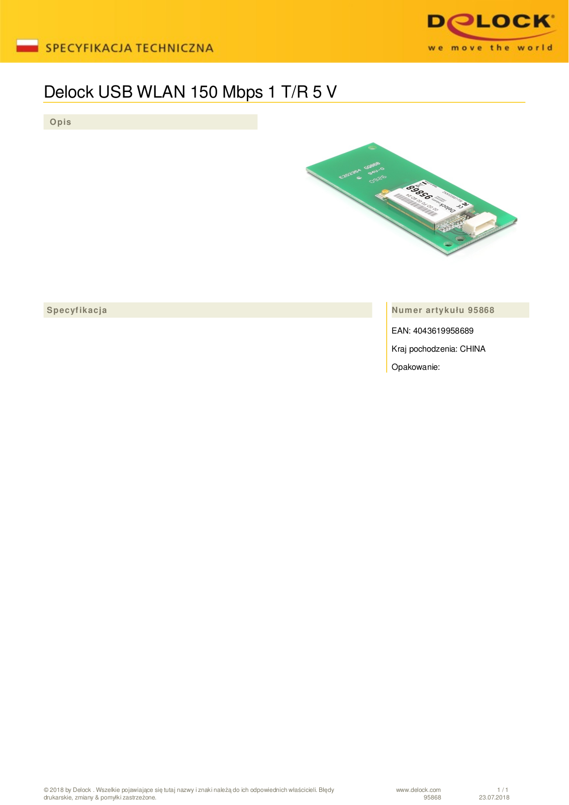 DeLOCK WLAN module, USB 2.0 User Manual