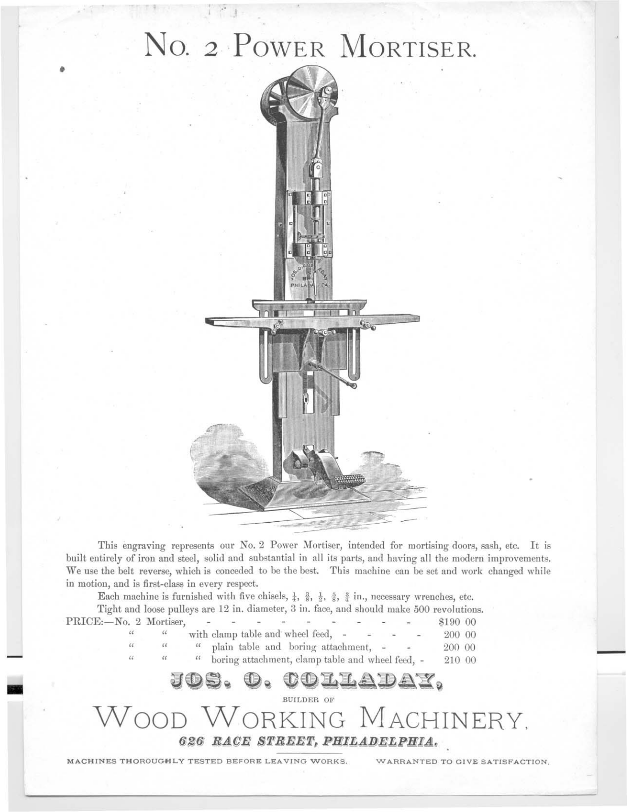 Colladay Machine Works No. 2 Power Mortiser Mortisers - ManualMachine.com