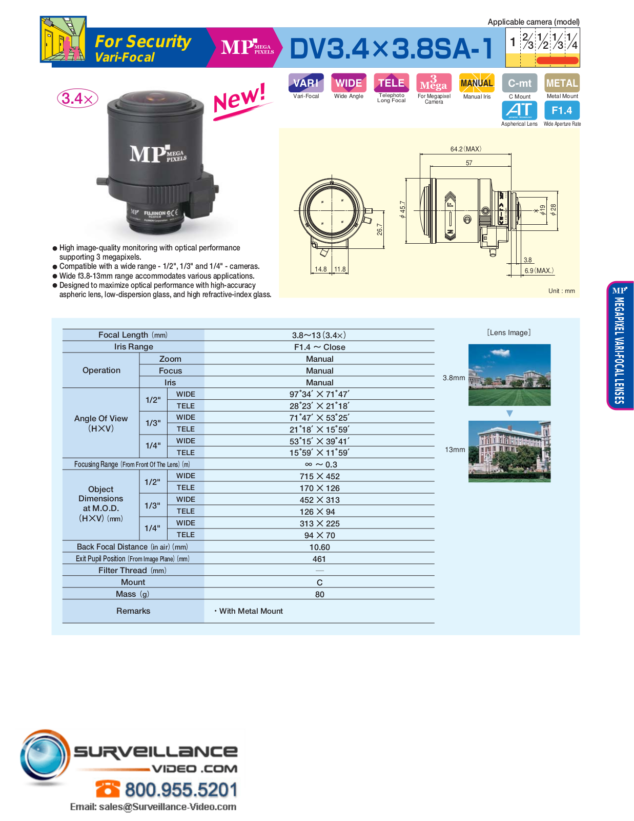 Fujinon DV3-4x3-8SA-1 Specsheet