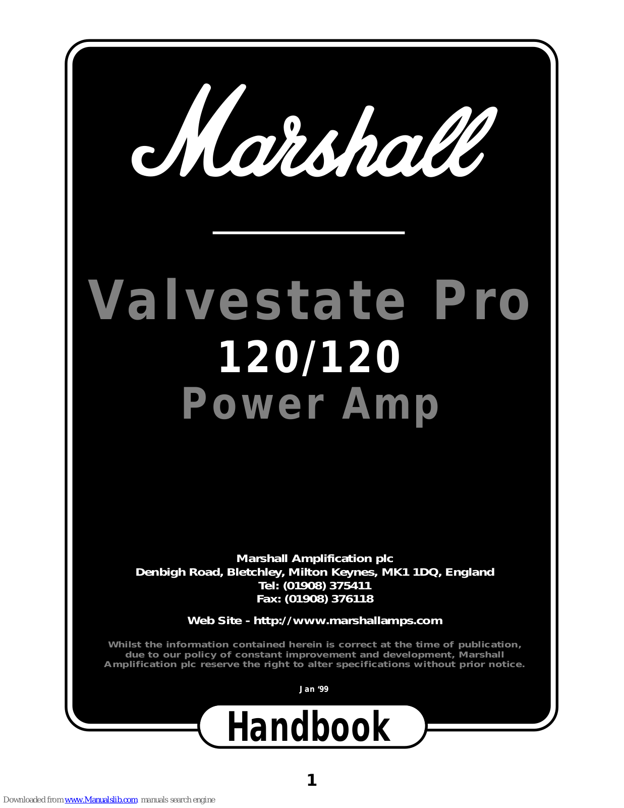 Marshall Amplification Valvestate Pro, Valvestate Pro 120/120 User Manual