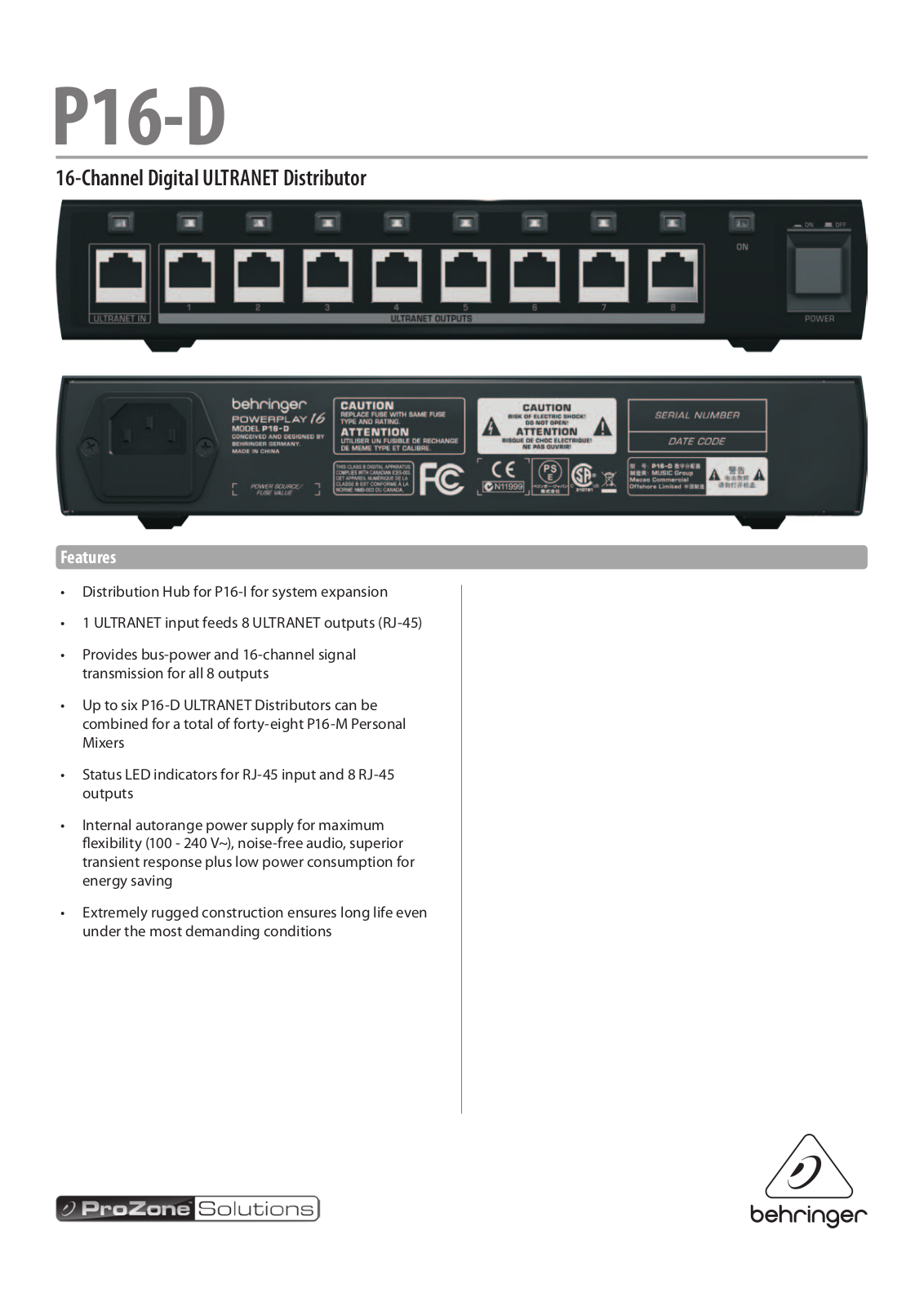 Behringer P16-D Specification Sheet