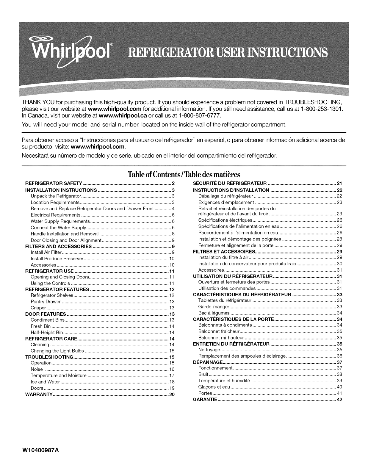 Whirlpool WRF560SFYW00, WRF560SFYM00, WRF560SFYB00 Owner’s Manual