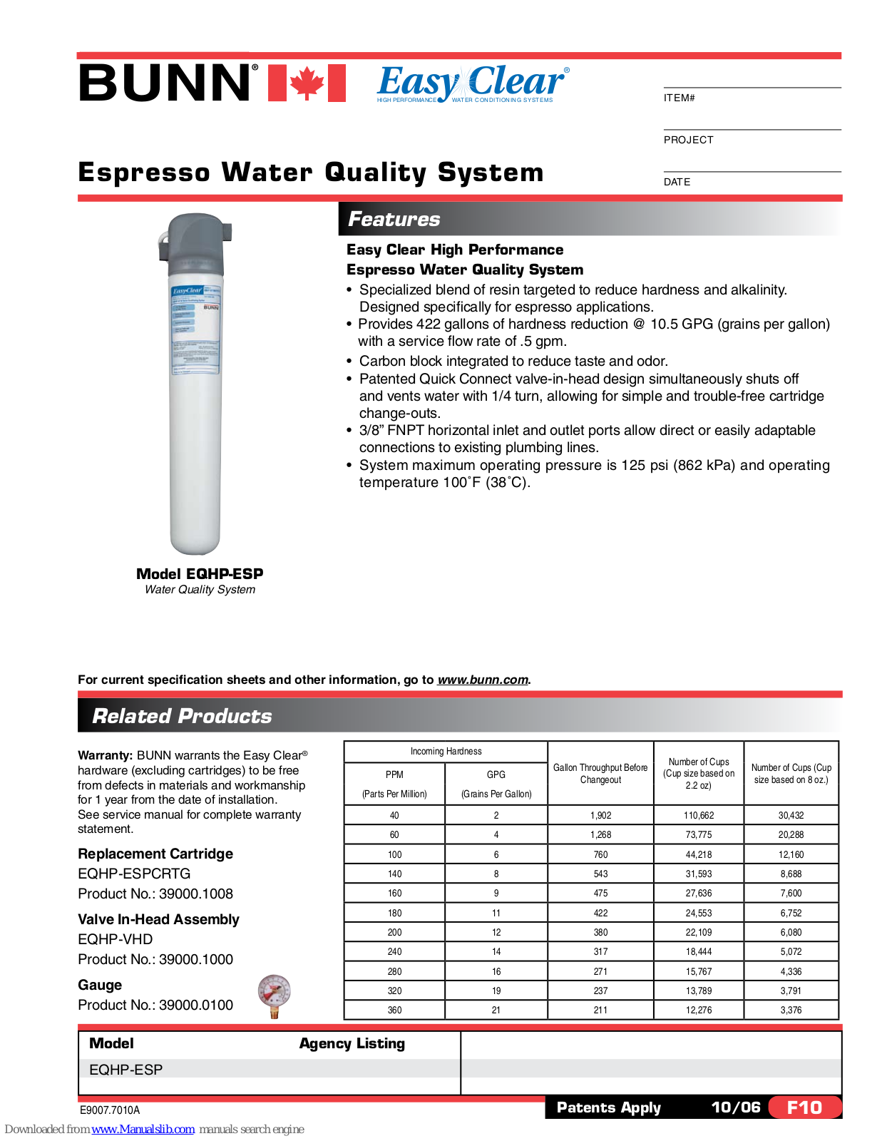 Bunn EASY CLEAR EQHP-ESP, EQHP-ESP Specification