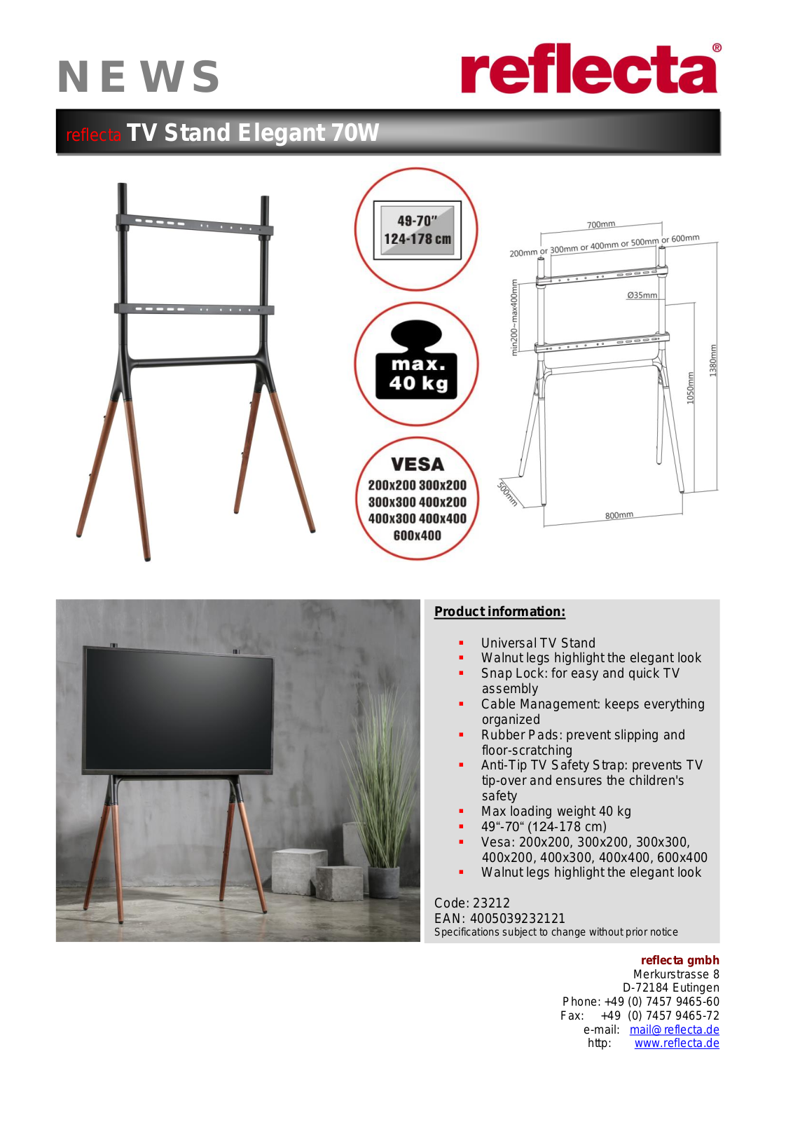 Reflecta TV Stand 70W User Manual