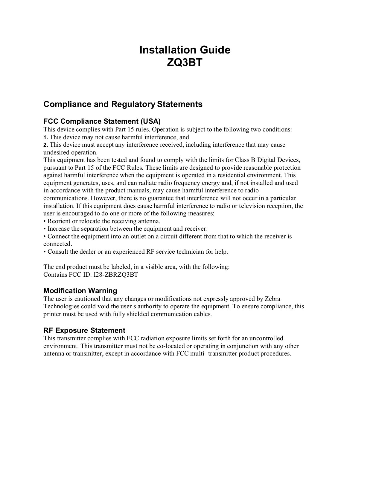 Zebra Technologies ZBRZQ3BT User Manual