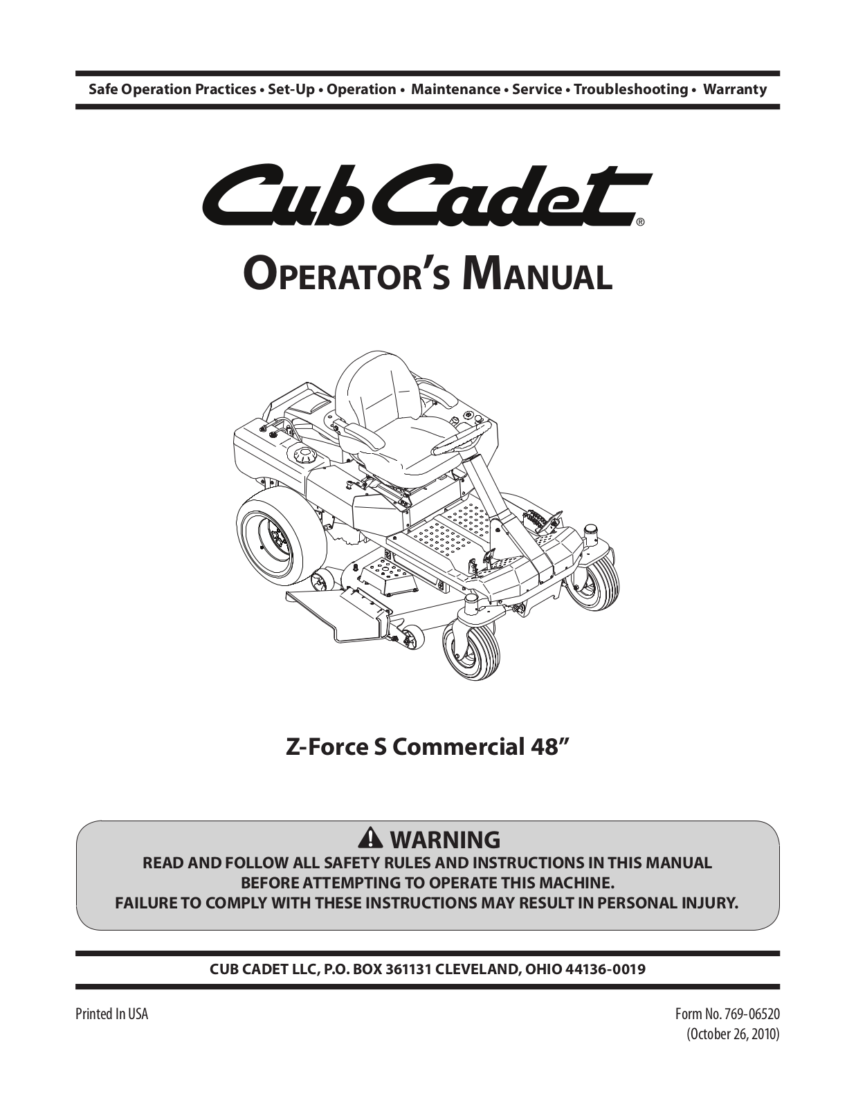 Cub Cadet Z-Force S 54, Z-Force S 46, Z-Force S 60 Operator's Manual