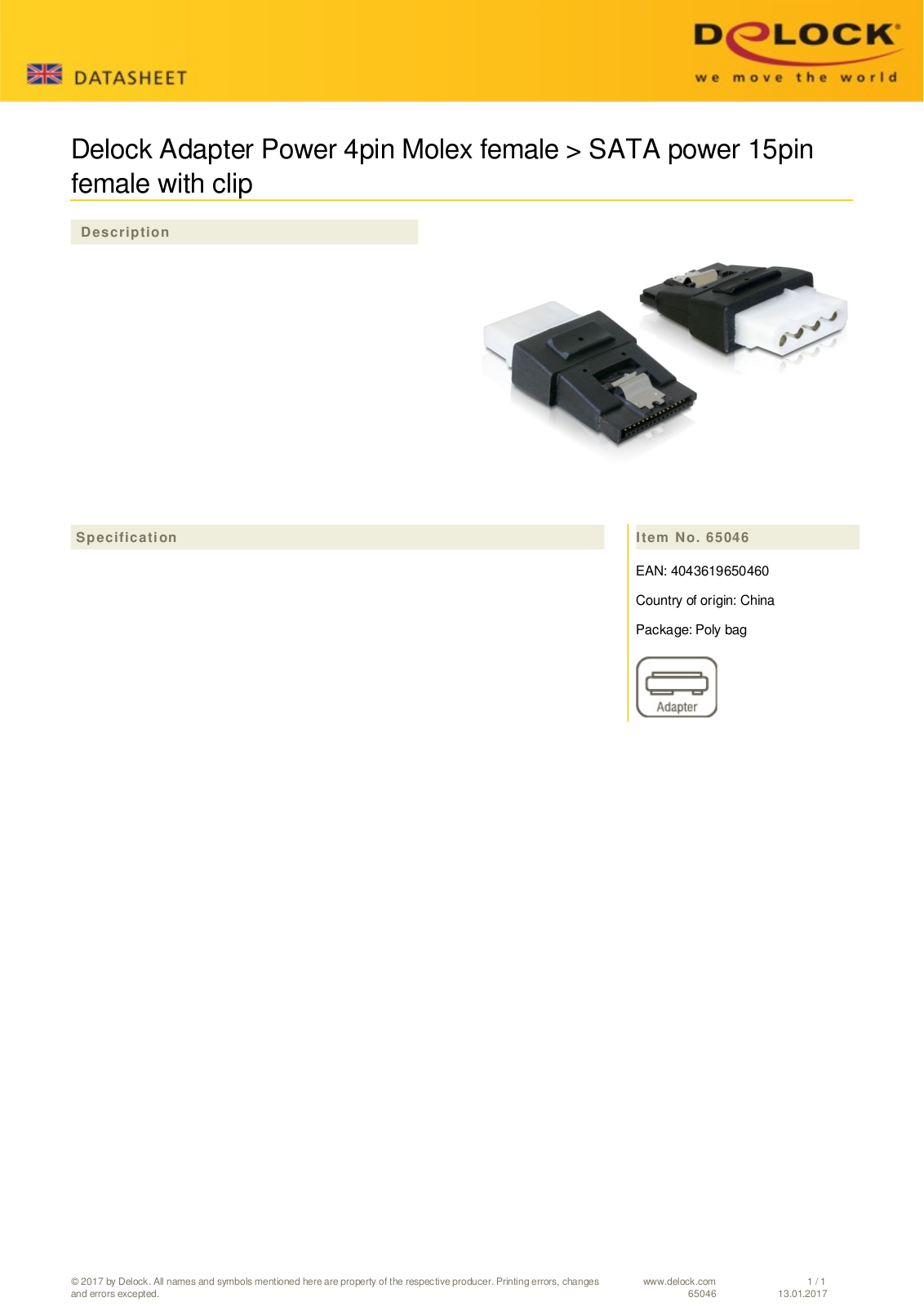 DeLOCK SATA-Stromadapter 4-Pin  IDE  auf 15-Pin  SATA User Manual