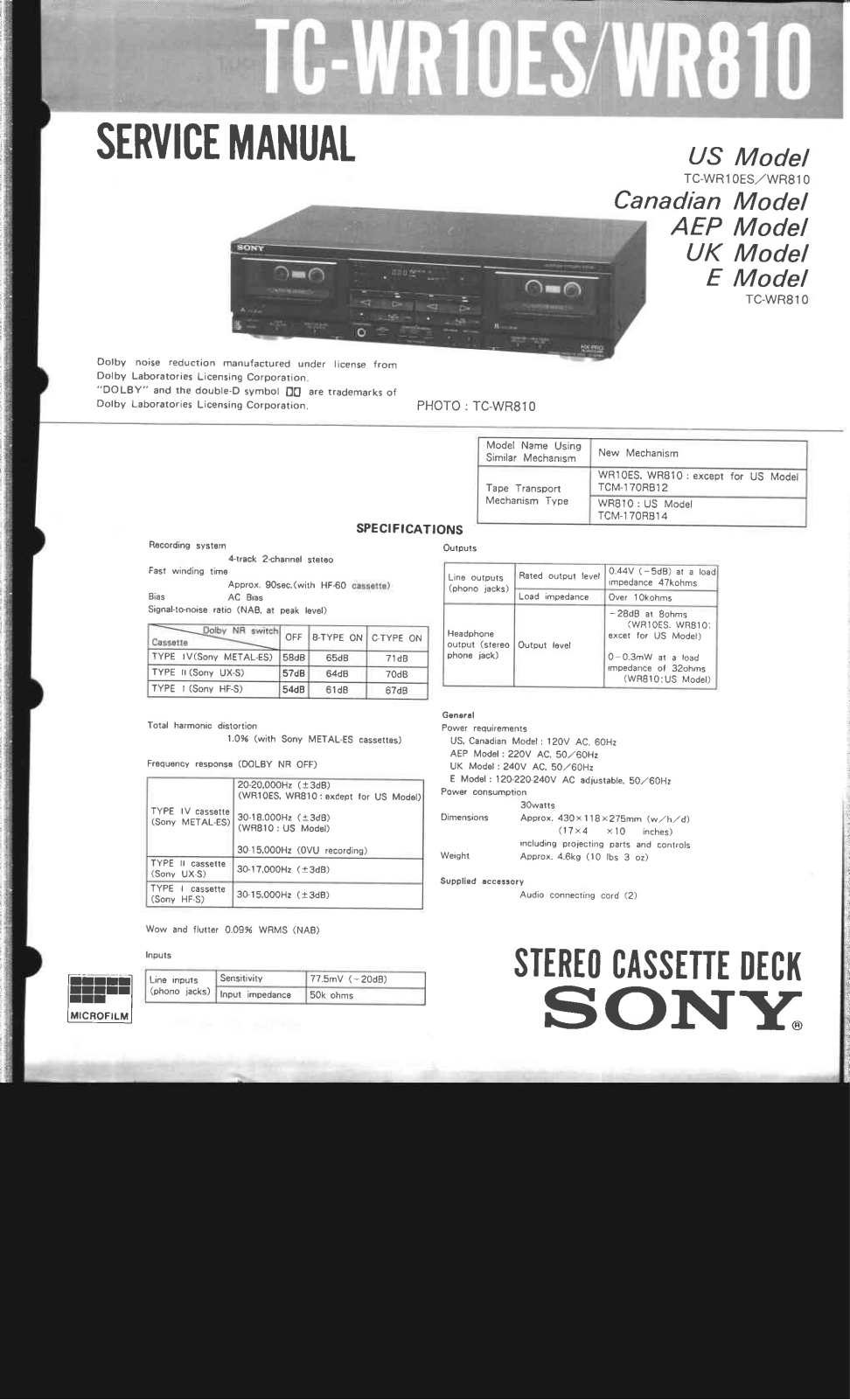 Sony TC-WR10ES, TC-WR810 Service Manual