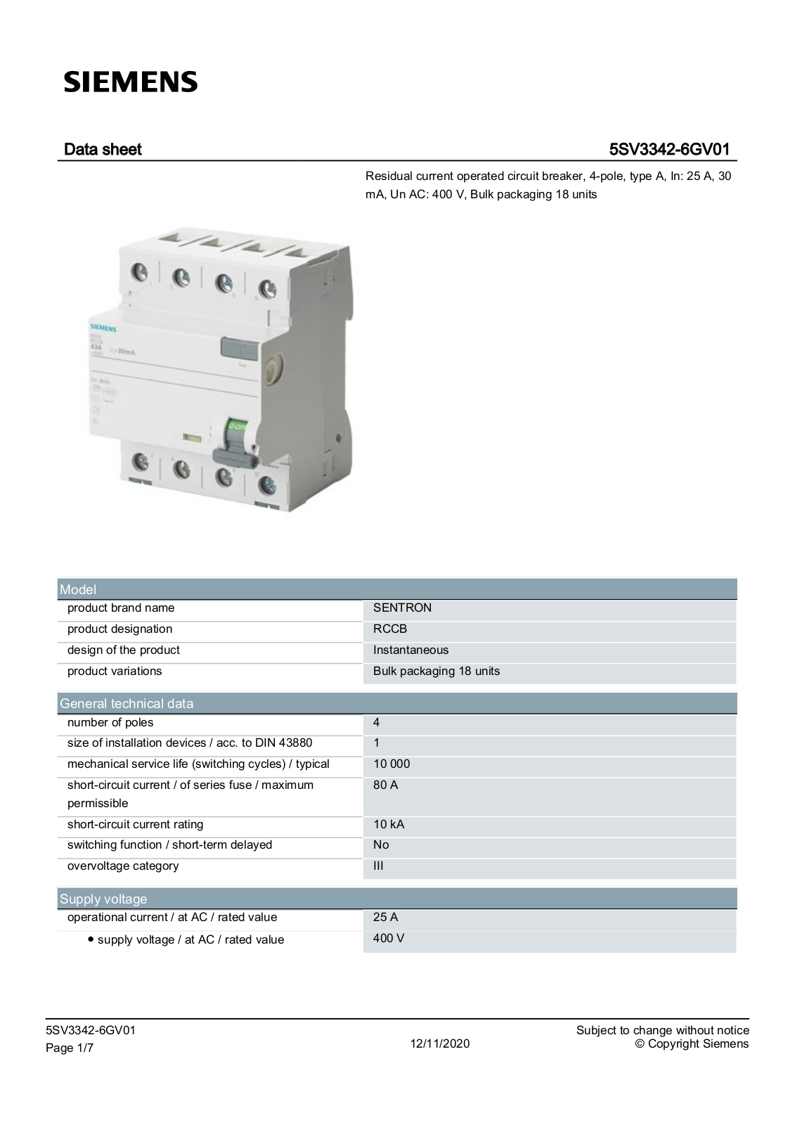 Siemens 5SV3342-6GV01 Datenblatt