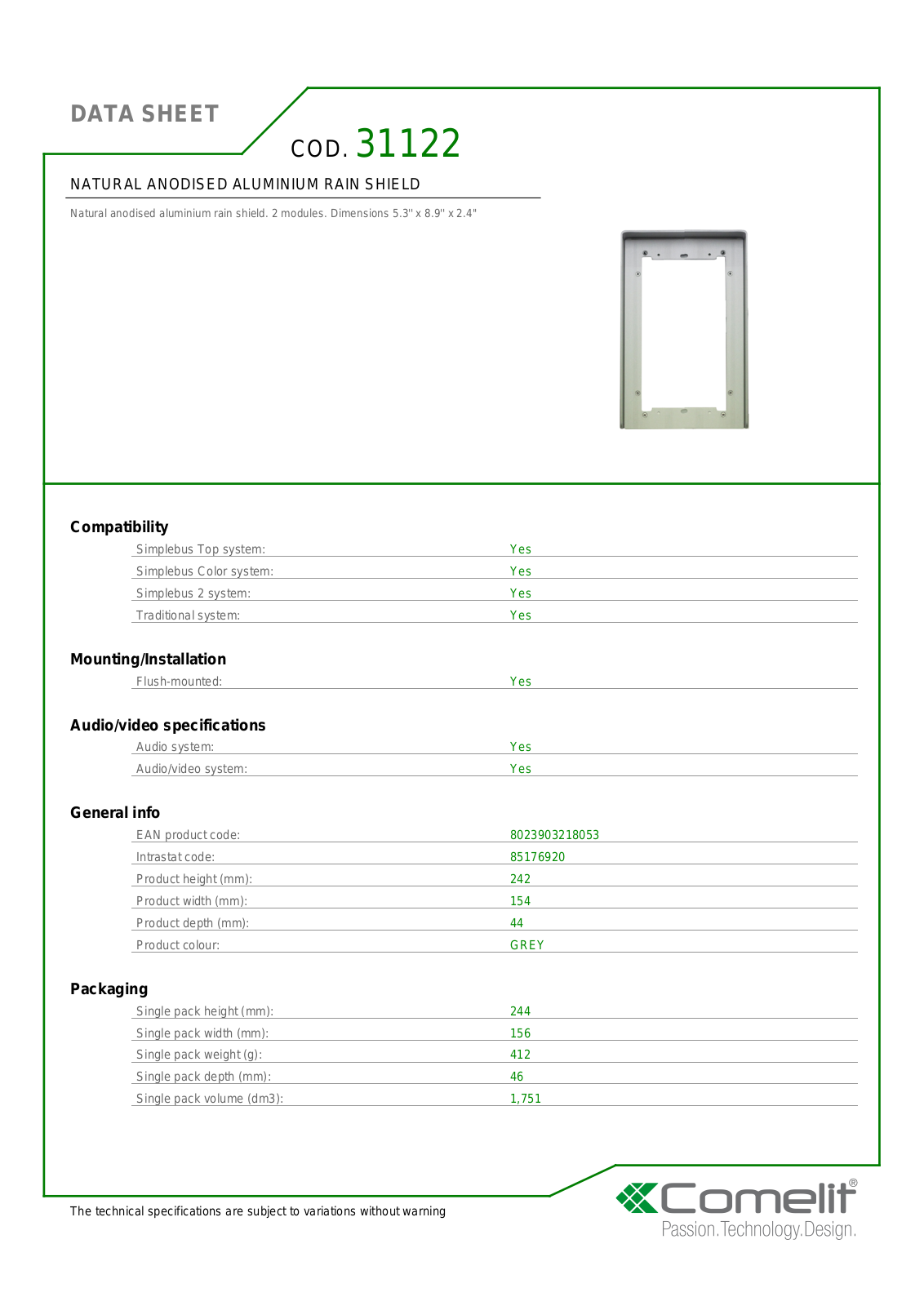 Comelit 31122 Specsheet