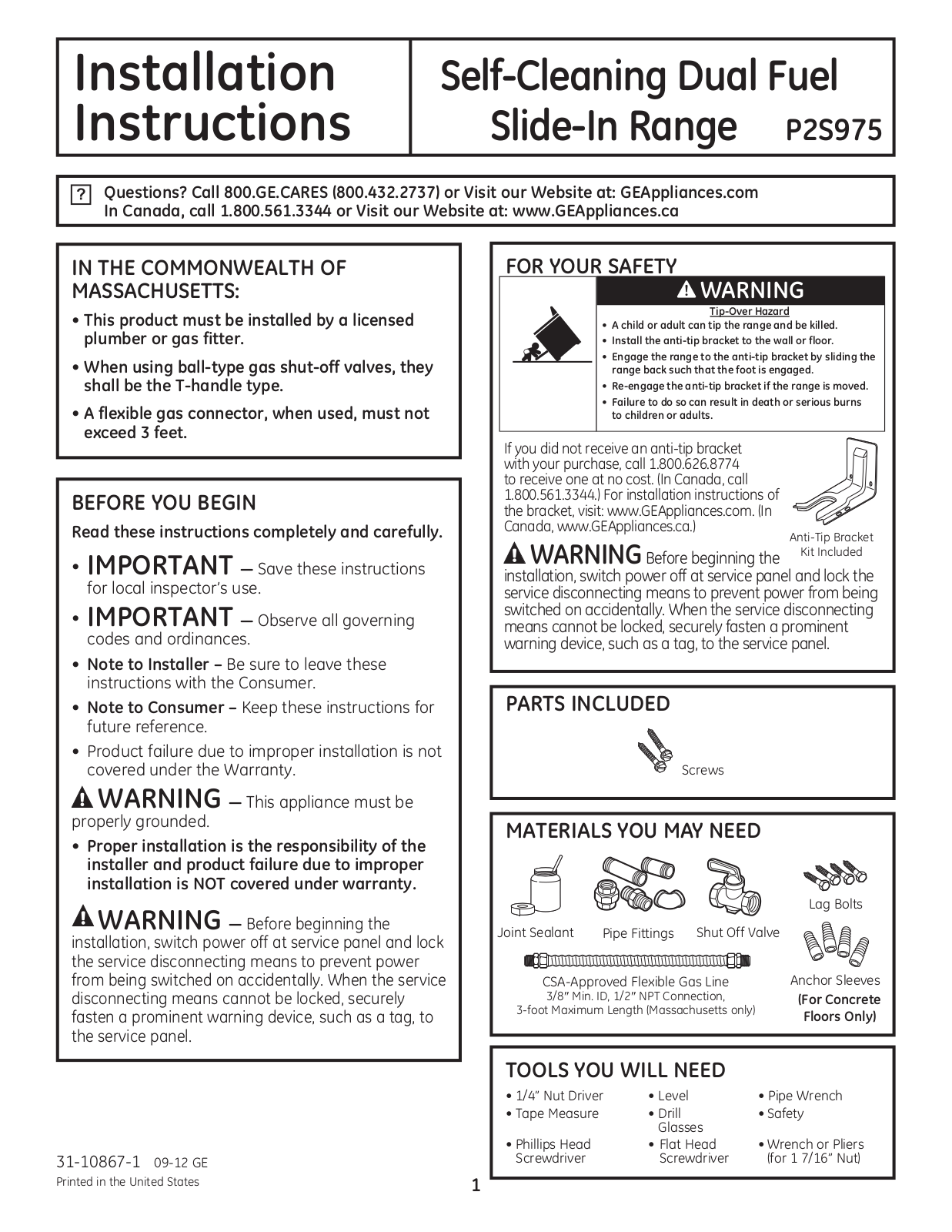 GE P2S975 Installation Instructions