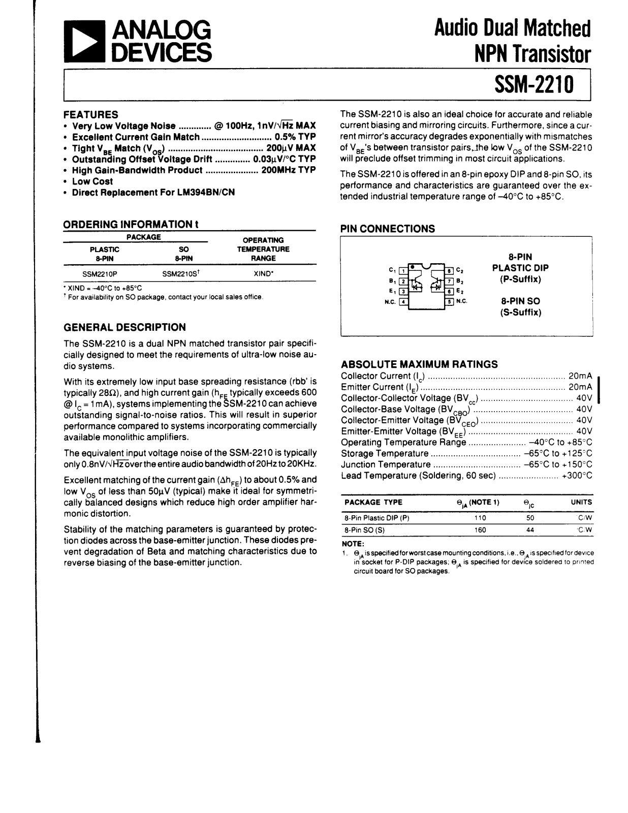 Analog Devices SSM2210S, SSM2210P Datasheet