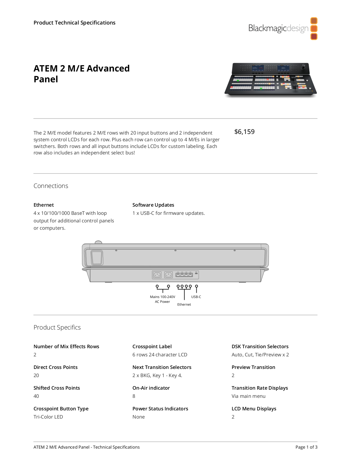 Blackmagic Design ATEM 2 M/E Advanced Panel Specifications