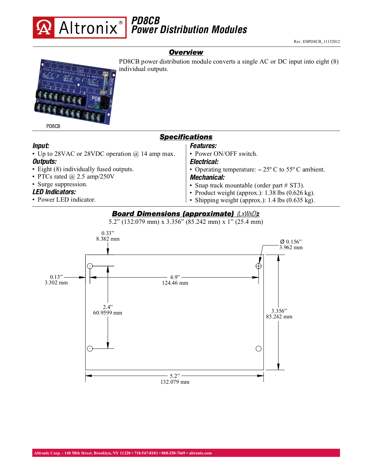 Altronix PD8CB Data Sheet