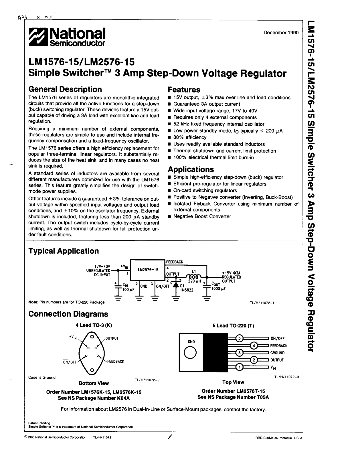 NSC LM2576T-15, LM2576K-15 Datasheet