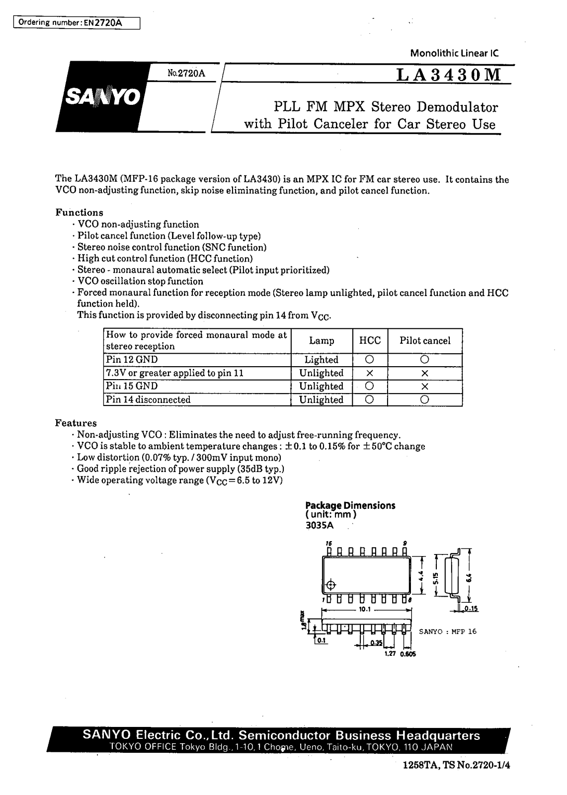 SANYO LA3430M Datasheet