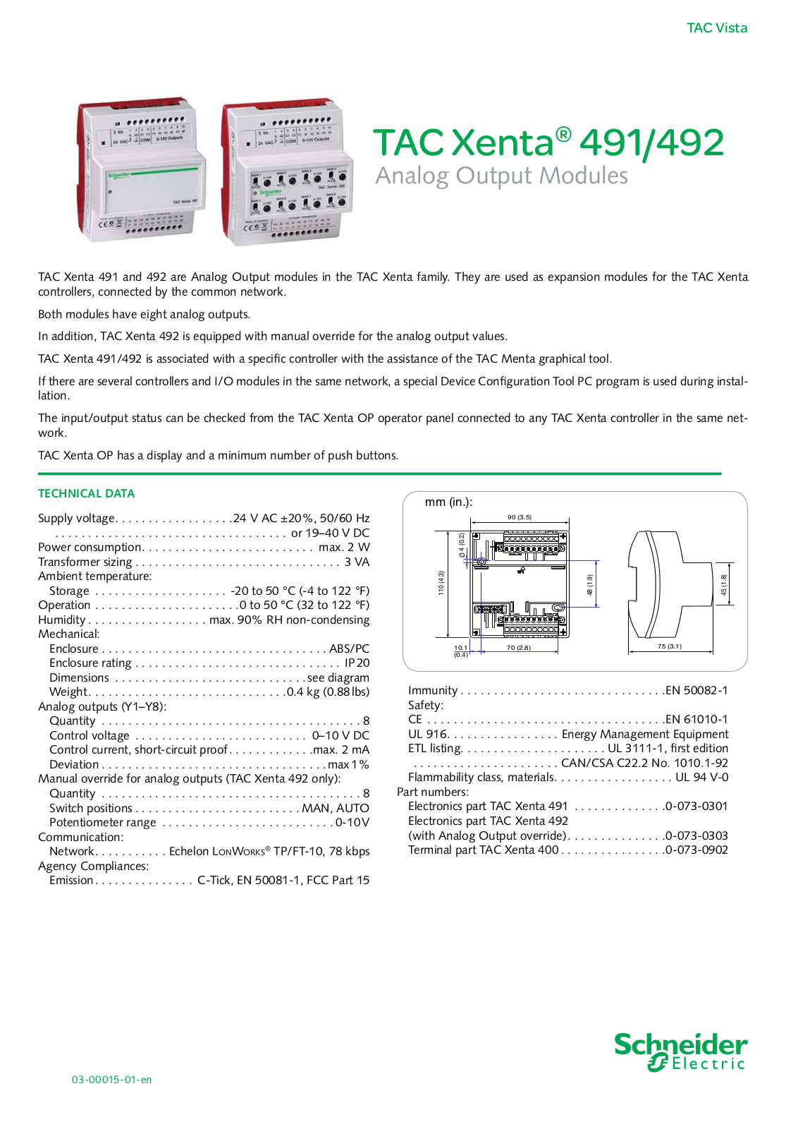 Schneider Electric TAC Xenta 491, TAC Xenta 492 Data Sheet