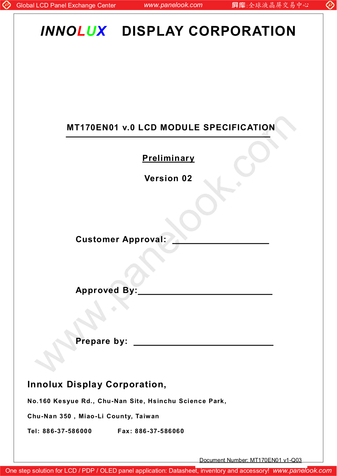 INNOLUX MT170EN01 V.0 Specification