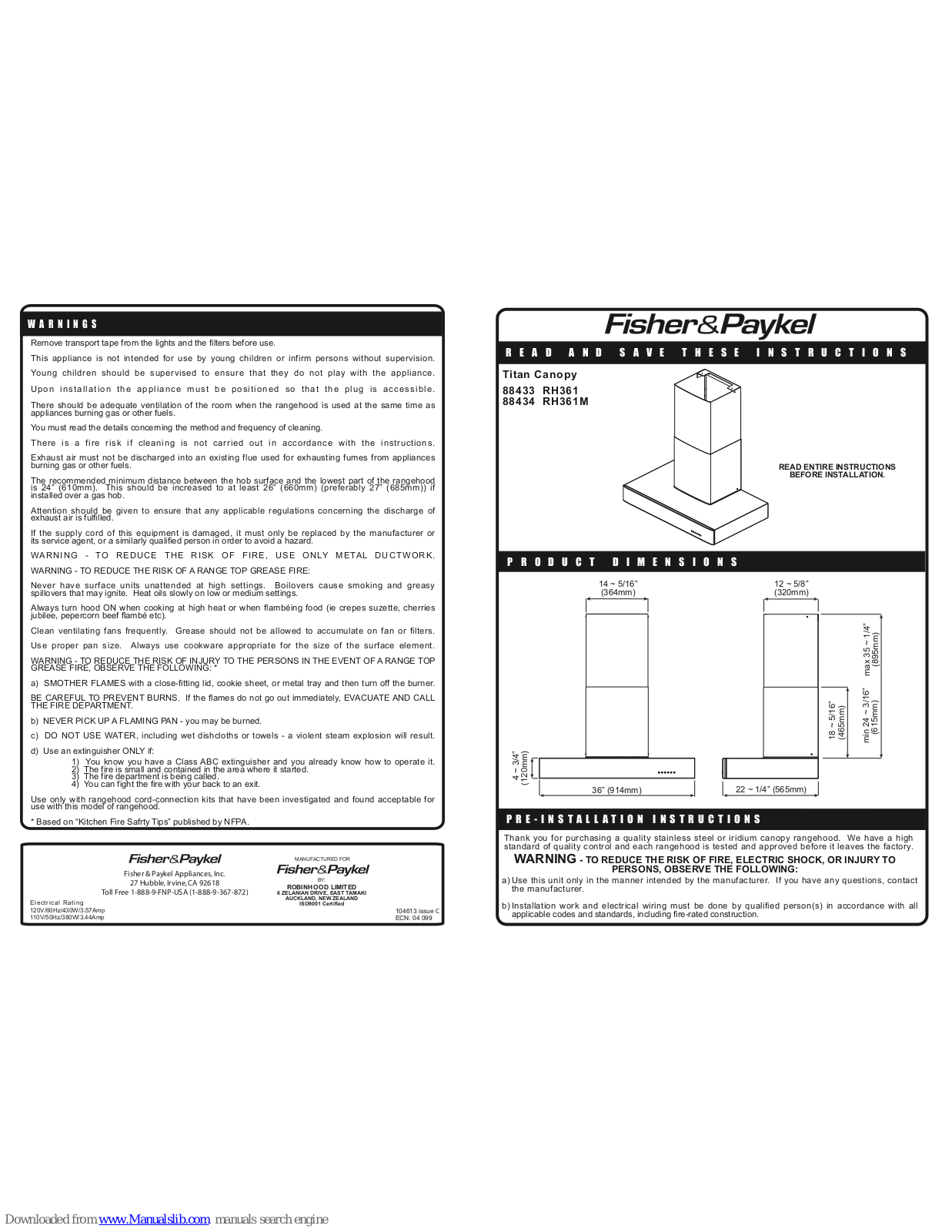 Fisher & Paykel 88433 RH361, 88434 RH361M Instructions Manual