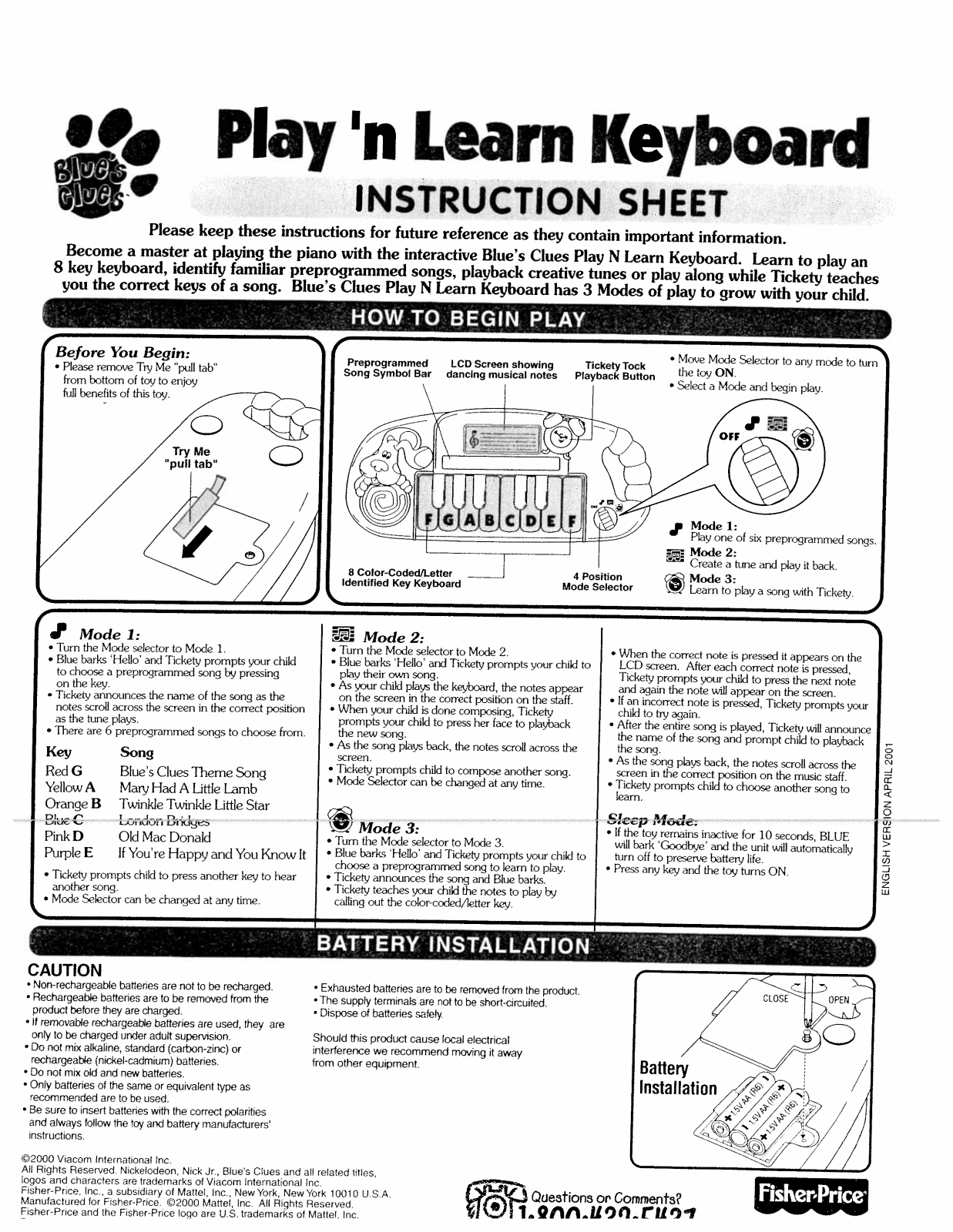 Fisher-Price 90031 Instruction Sheet