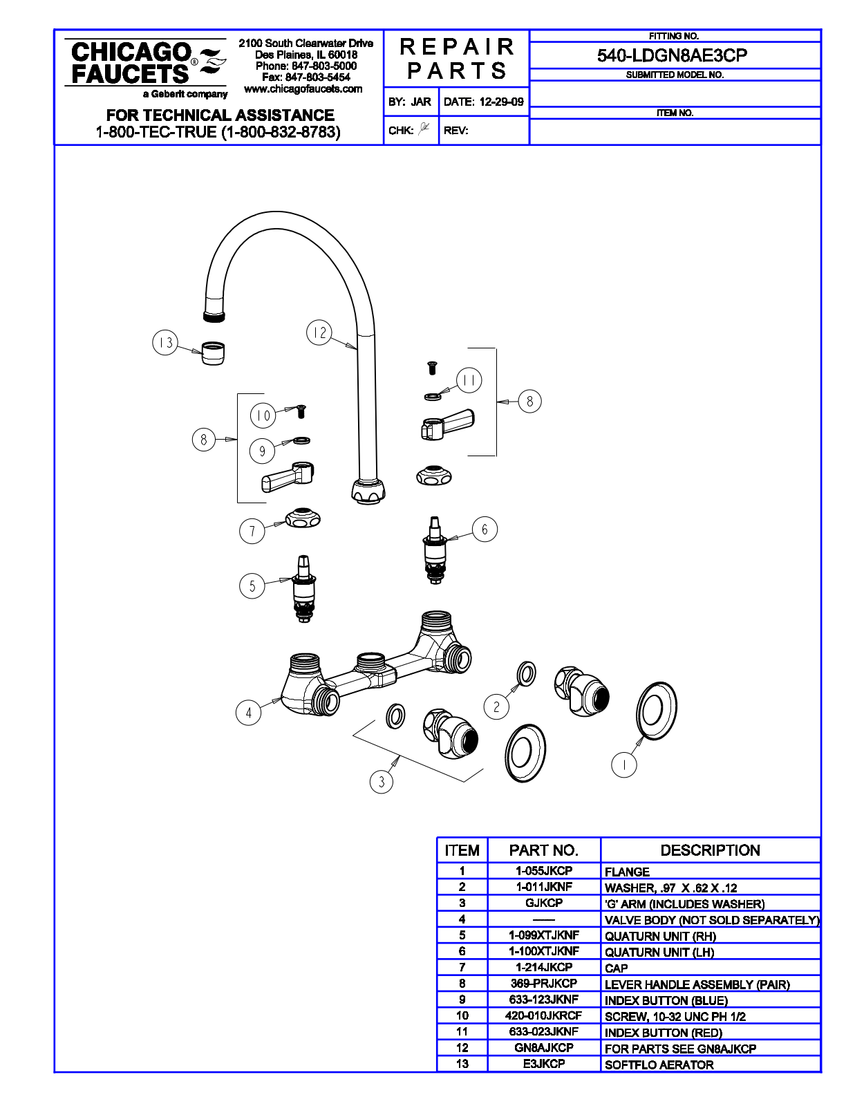 Chicago Faucet 540-LDGN8AE3CP Parts List