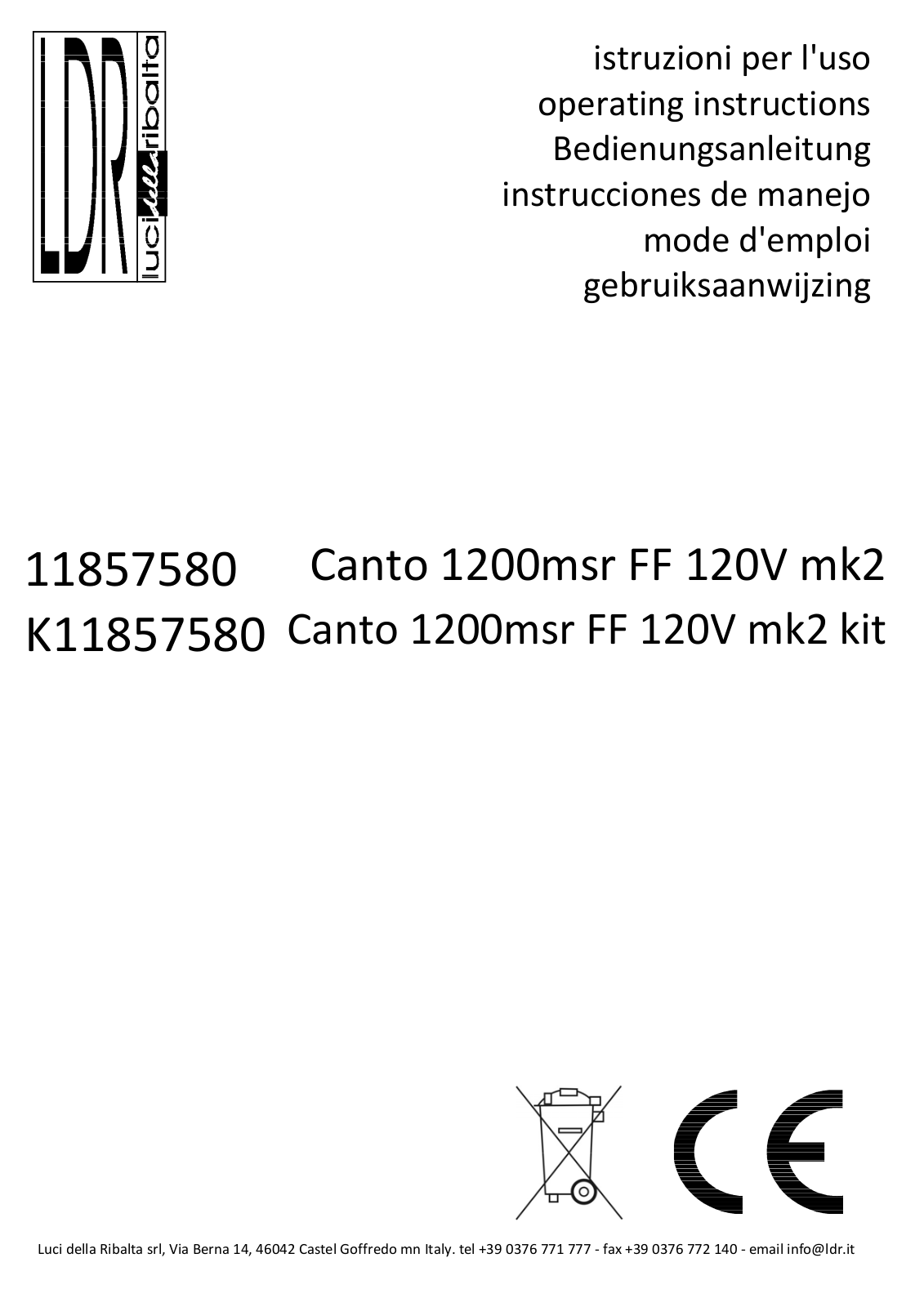 LDR 11857580, Tango 1200 msr FF 90/260V, Tango 1200 msr FF 90/260V kit, K11857580 Operating Instructions Manual