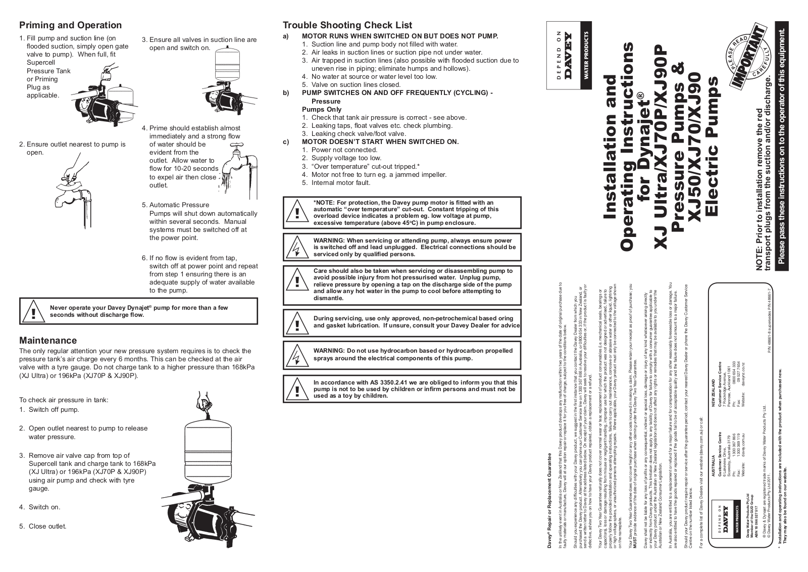 Davey XJ50, XJ70, XJ90 User Manual