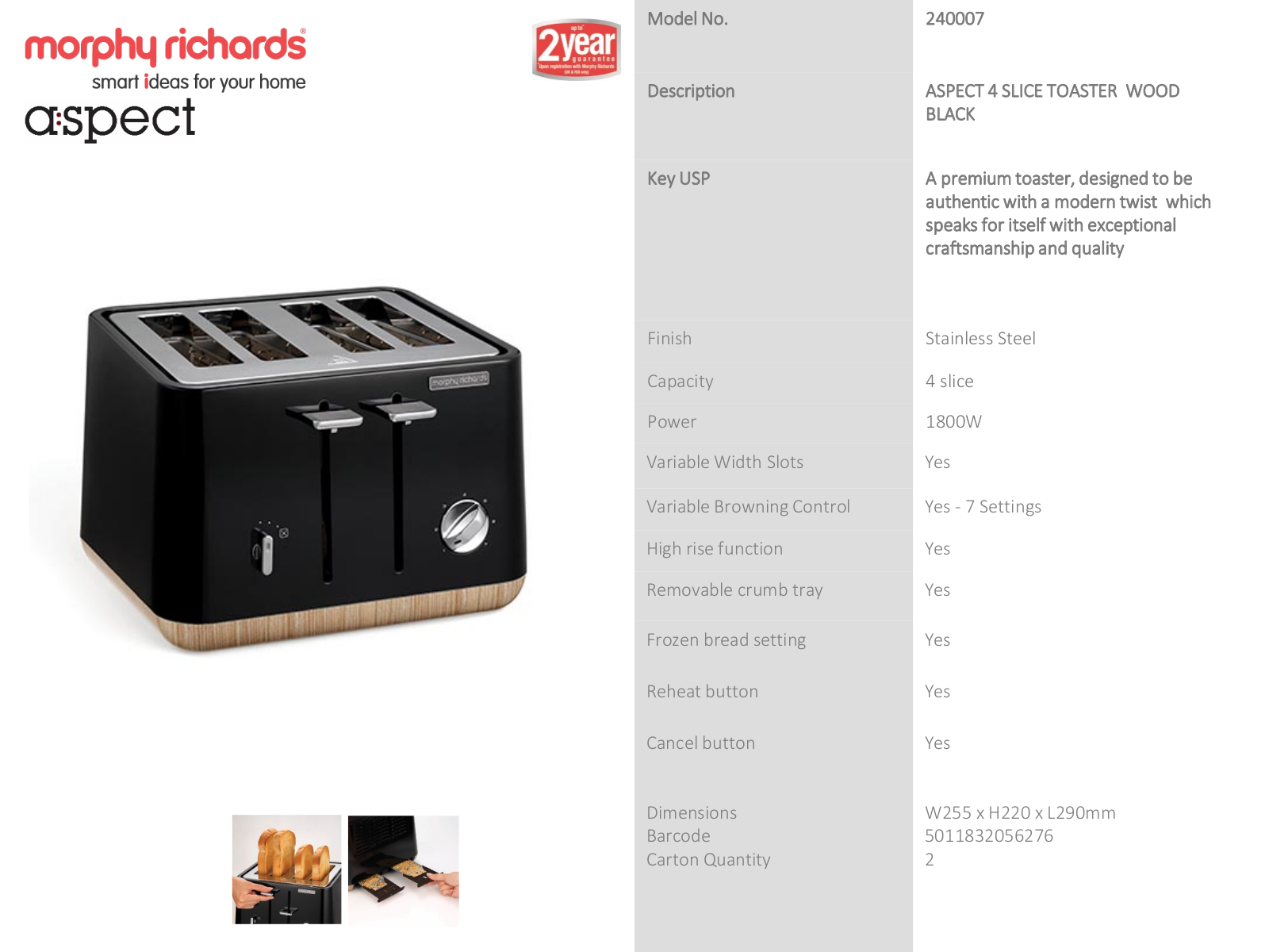 Morphy Richards 240007, 240007100007 Specifications Sheet