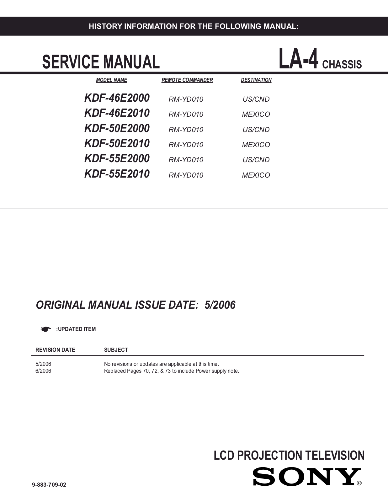 Sony KDF-50E2000, KDF-50E2010, KDF-55E2000, KDF-55E2010, KDF-46E2010 Service Manual
