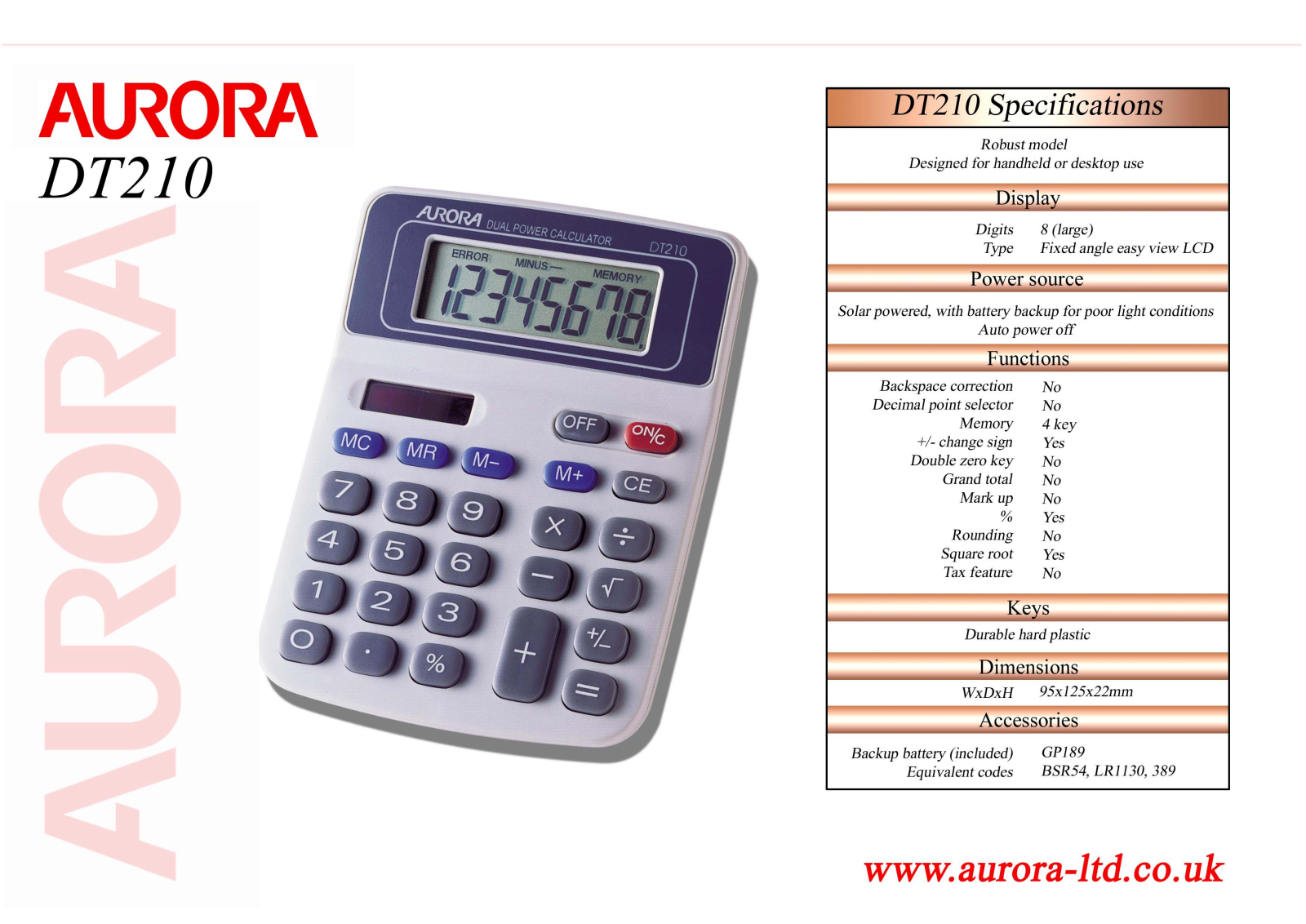 Aurora DT210 Specifications - ManualMachine.com