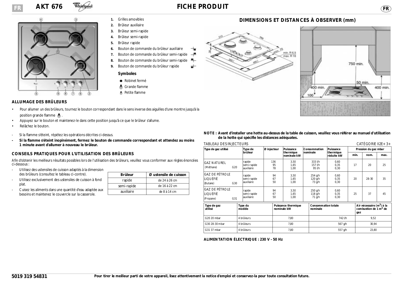 WHIRLPOOL AKT676 User Manual