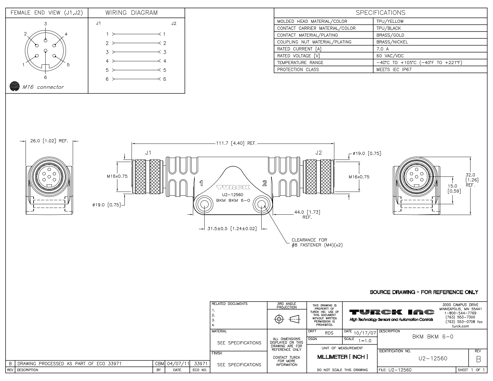 Turck BKMBKM6-0 Specification Sheet