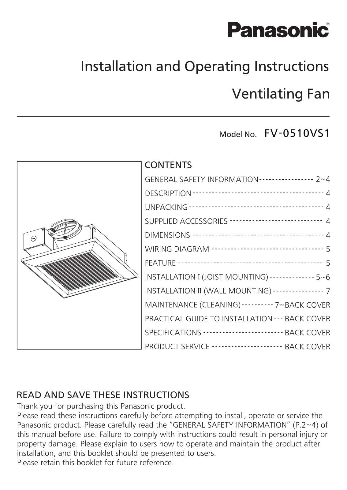 Panasonic fv-0510vs1 installation