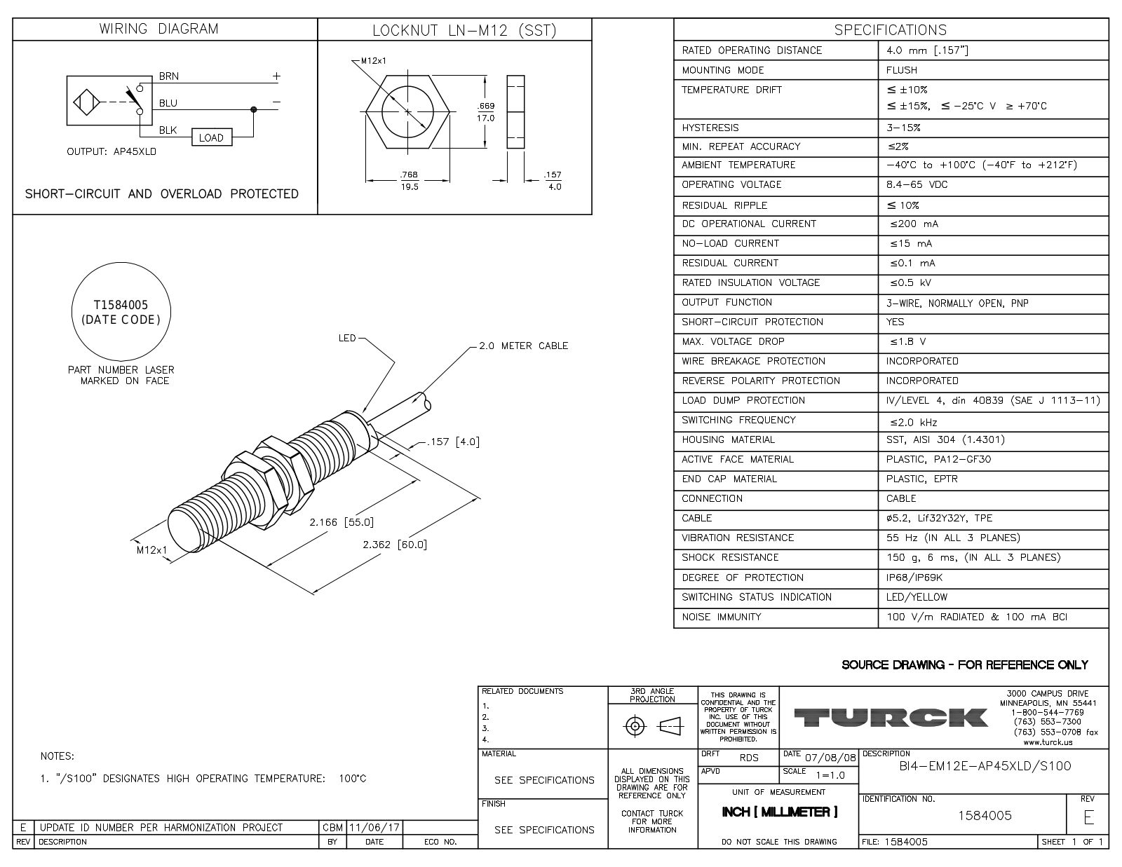 Turck BI4-EM12E-AP45XLD/S100 Data Sheet