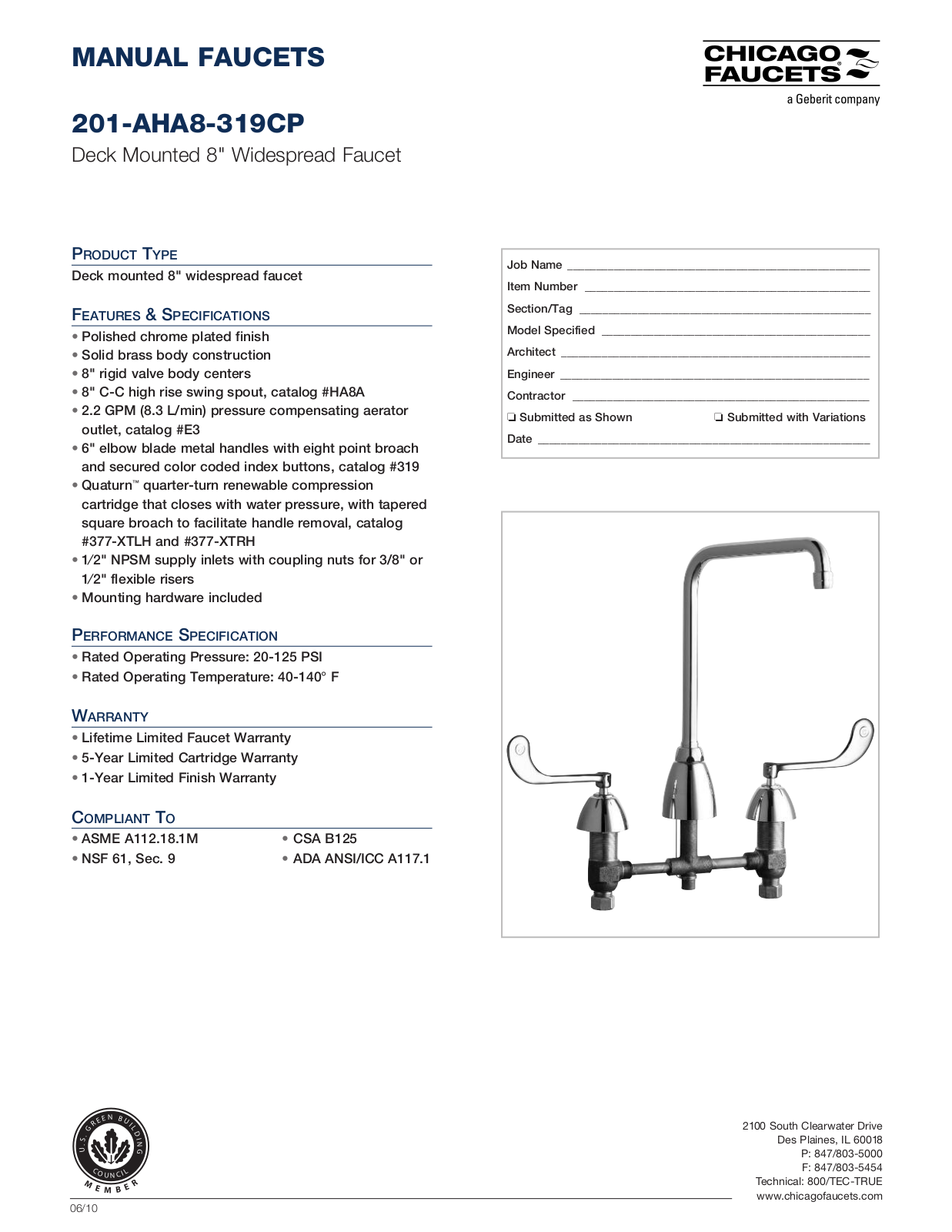 Chicago Faucet 201-AHA8-319CP Specifications