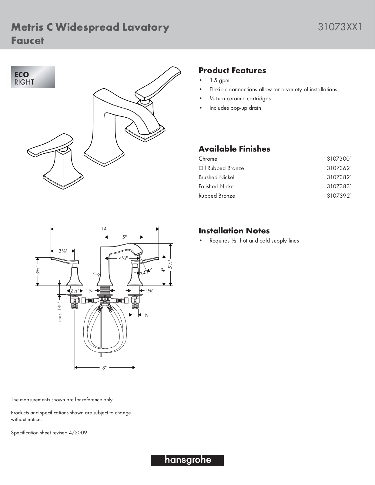 Hansgrohe 31073001 Specs