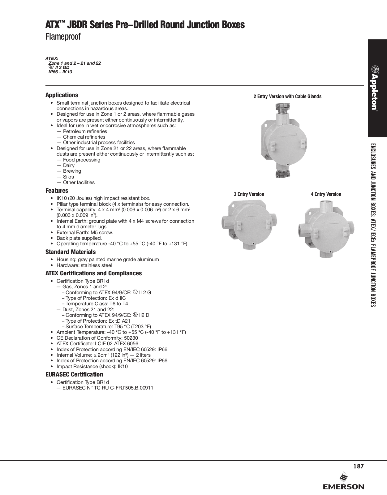 Appleton ATX™ JBDR Series Pre-Drilled Round Junction Boxes Catalog Page