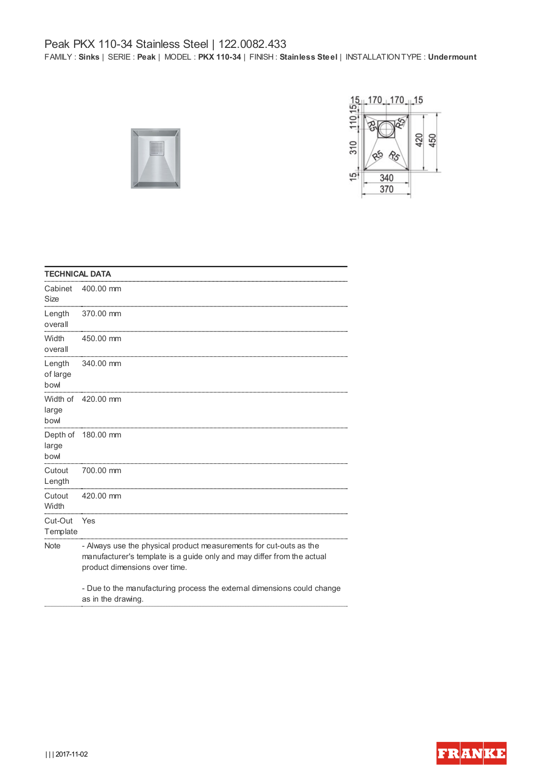 Franke PKX110-34 Specifications Sheet