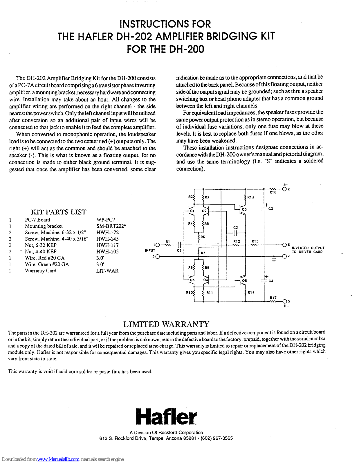 Hafler DH-200, DH-202, PC-7 Instructions Manual